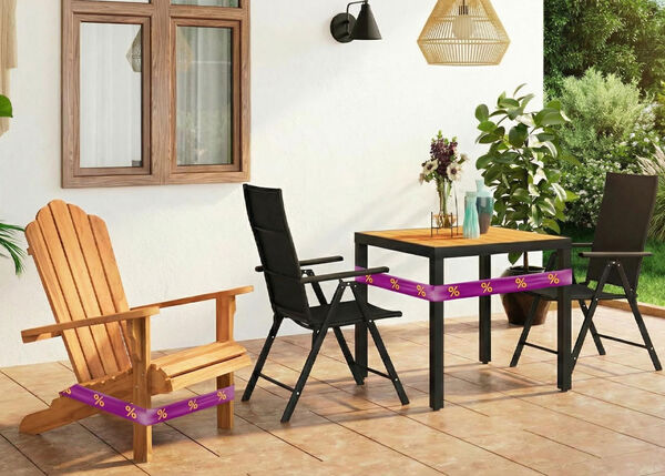 Outdoor patio setup with a wooden table, black chairs, and a wooden armchair placed on a tiled terrace. 