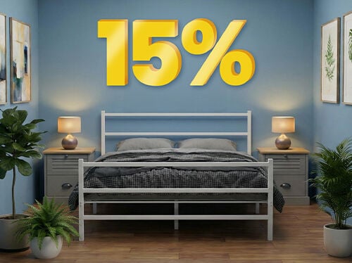 Bedroom scene with a bed and bedside tables, highlighting buy 2 items and get 15% off. Click to see the items in promotion.