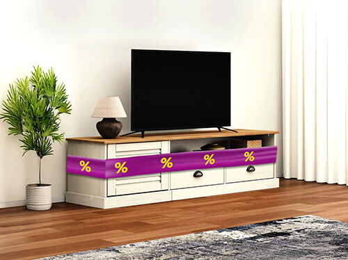 Two-toned TV stand with TV on it, wrapped in a purple promotional band showing yellow discount icons, in a styled living room. Click to see the products in the offer.