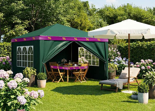 Garden gazebo with a dark green canopy, furnished with a wooden dining set, next to a sun lounger under a white umbrella. 