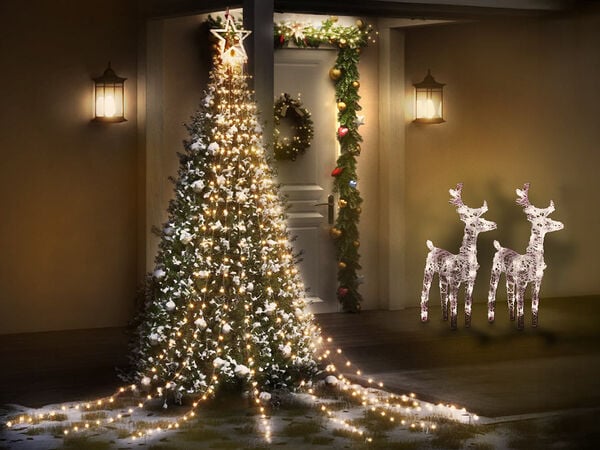 Warmly lit front porch decorated for Christmas, featuring a large, brightly lit Christmas tree, two reindeer decorations, and an illuminated doorway garland and wreath. Click to see the products in the collection.