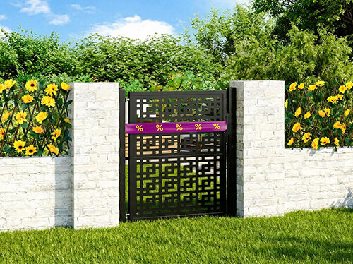 Decorative metal garden gate set between two stone pillars, with tall yellow flowers on each side. Click to see the products in the collection.