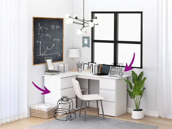 White corner desk with chair, blackboard and window, in a styled study room setting. Click to see the products in the collection.
