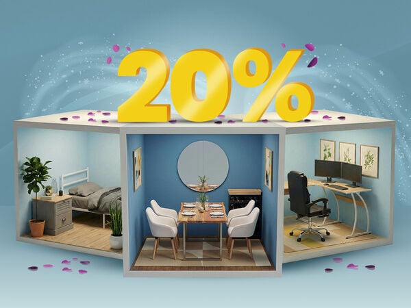 Room-set display with bedroom, dining, and office furniture, highlighting buy 2 items and get 20% off. Click to see all the categories.