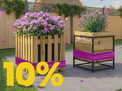 Outdoor banner showing two wooden garden planters filled with purple flowers, with a large yellow &lsquo;10%&rsquo; discount text in the corner. Click to see the products in the collection.
