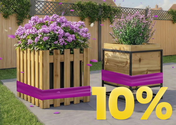 Outdoor banner showing two wooden garden planters filled with purple flowers, with a large yellow &lsquo;10%&rsquo; discount text in the corner. 