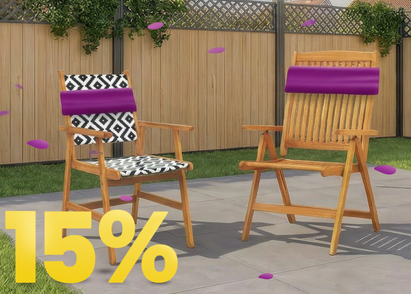 Outdoor wooden patio table and chair with purple sale bands displayed on a sunny terrace, featuring a prominent 15% discount message. 