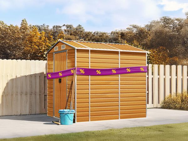 Wooden garden shed with purple promotional band showing yellow discount icons, blue bucket and tools leaning against it. Click to see the products in the offer.