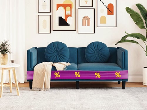 Blue sofa with round cushions and a blanket, wrapped in a purple promotional band showing yellow discount icons, in a styled living room. Click to see the products in the offer.
