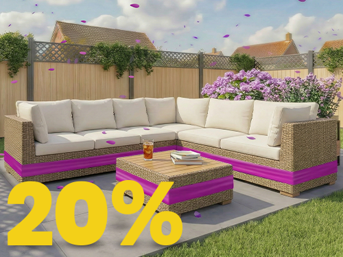 Outdoor banner displaying a rattan garden sofa and matching table with a purple accent band, and a large yellow &lsquo;20%&rsquo; discount text in the corner. Click to see the products in the collection.