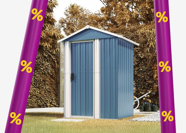 Blue shed on a paved area in a garden framed by purple promotional bands with yellow discount icons.
