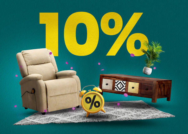 Floating beige upholstered reclining armchair and a dark wood media console with patterned drawers on a grey rug. Confetti, a yellow clock with a percentage sign, and bold “10%” in the background.