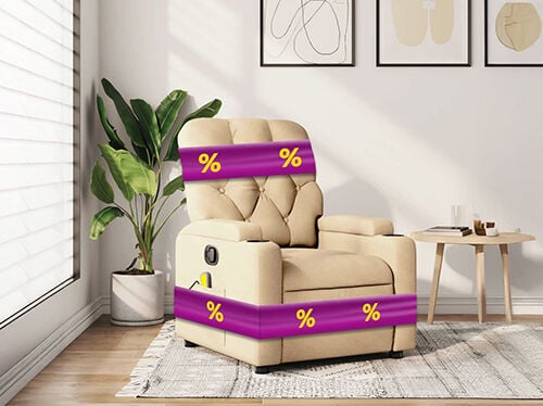 Beige recliner chair with purple promotional bands showing yellow discount icons, next to side table and potted plant, in a styled living room. Click to see the products in the offer.