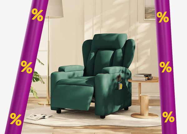 Dark green reclining armchair, small wooden side table with books, in a styled living room framed by purple promotional bands with yellow discount icons.