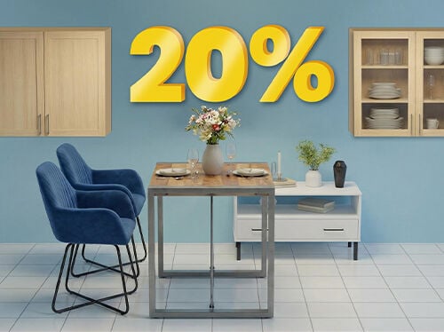 Dining set scene with chairs, table, and cabinets, highlighting buy 2 items and get 20% off. Click to see the items in promotion.