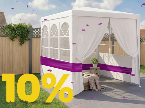 Outdoor banner featuring a white garden gazebo with sheer curtains and a purple accent band, with a large yellow &lsquo;10%&rsquo; discount text in the corner. Click to see the products in the collection.