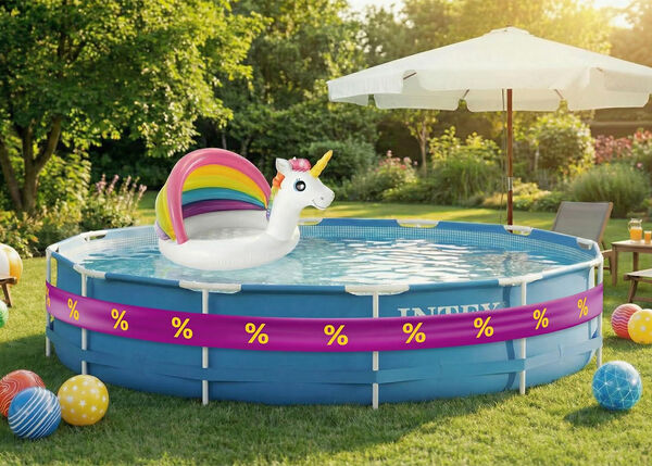 Round above‑ground pool with a unicorn inflatable, surrounded by garden chairs, umbrellas, and colorful balls.