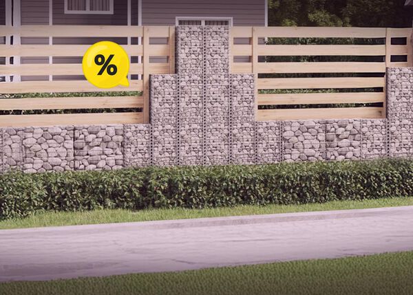 Wooden fence with gabion sections, large yellow discount symbols in corners.