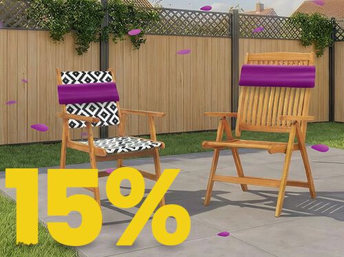 Outdoor wooden patio table and chair with purple sale bands displayed on a sunny terrace, featuring a prominent 15% discount message. Click to see the products in the collection.