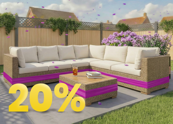 Outdoor banner displaying a rattan garden sofa and matching table with a purple accent band, and a large yellow &lsquo;20%&rsquo; discount text in the corner. 