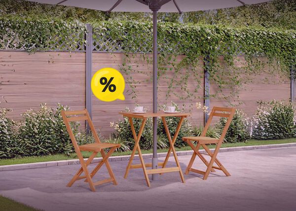 Small wooden garden table with two chairs by the pool, large yellow discount symbols in corners.
