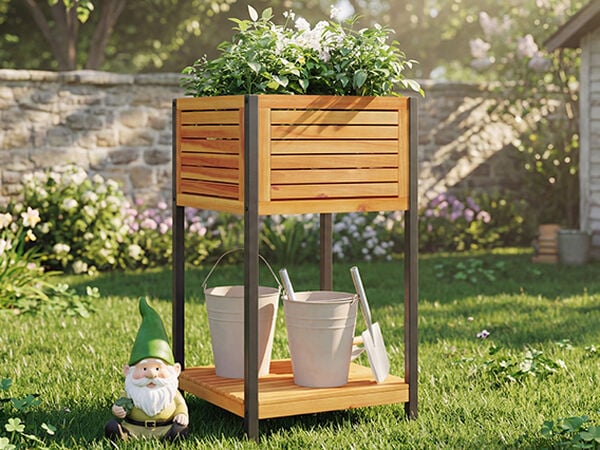 Wooden raised garden planter with flowers, buckets below, and a small gnome in a sunny garden. Click to see the items in promotion