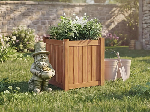 Wooden raised garden planter with flowers, buckets and a small gnome beside it, in a sunny garden. Click to see the items in promotion
