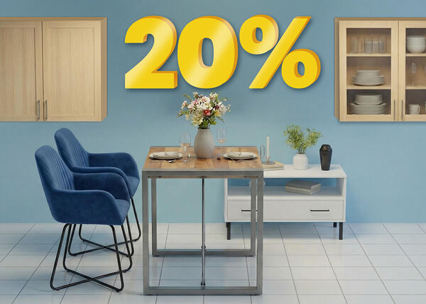 Dining set scene with chairs, table, and cabinets, highlighting buy 2 items and get 20% off. 