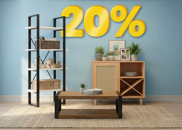 Indoor scene showing storage cabinets and shelves, highlighting buy 2 items and get 20% off.