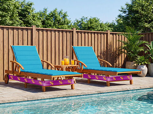Two wooden poolside loungers with blue cushions beside a swimming pool, surrounded by potted plants. Click to see the products in the collection.
