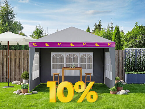 Garden gazebo with table and stools set on a lawn, highlighting a 10% discount on outdoor products. Click to see the categories in the promotion.a