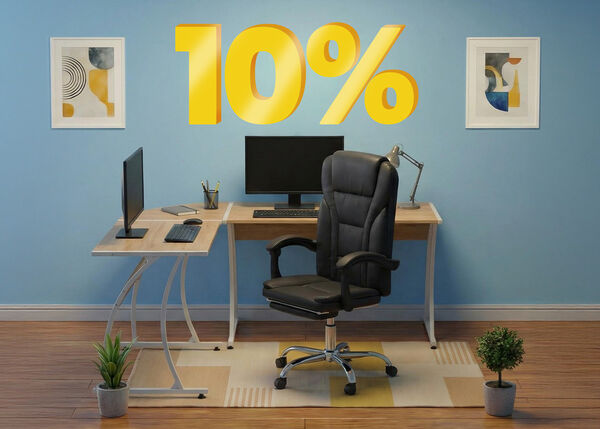Home office setup with desk, chair, and monitor, highlighting buy 2 items and get 10% off. 