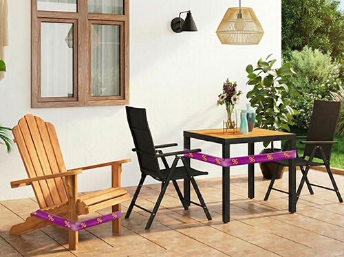 Outdoor patio setup with a wooden table, black chairs, and a wooden armchair placed on a tiled terrace. Click to see the products in the collection.