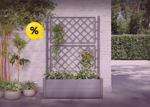Potted plants and a gray planter box with trellis, large yellow discount symbols in corners.