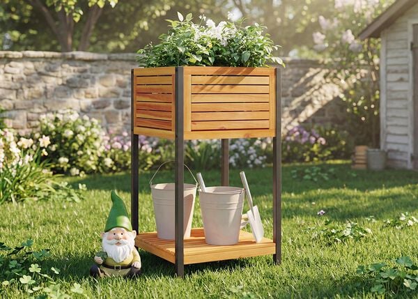 Wooden raised garden planter with flowers, buckets below, and a small gnome in a sunny garden. Click to see the items in promotion