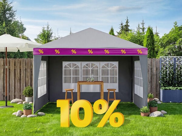 Garden gazebo with table and stools set on a lawn, highlighting a 10% discount on outdoor products. Click to see the categories in the promotion.
