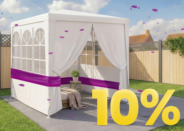 Outdoor banner featuring a white garden gazebo with sheer curtains and a purple accent band, with a large yellow &lsquo;10%&rsquo; discount text in the corner. 