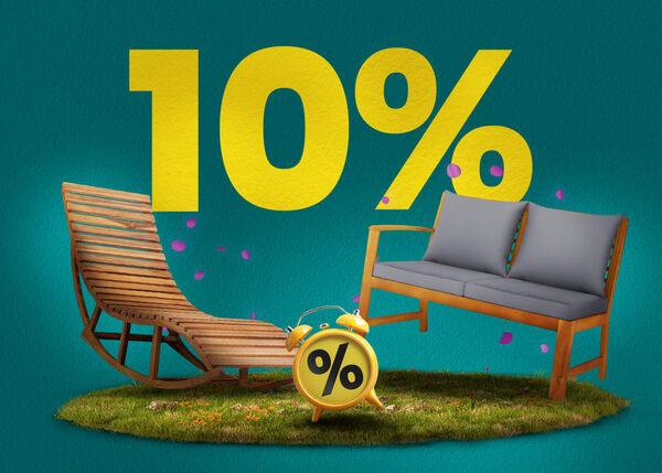 Floating wooden sun lounger and a wooden two-seater sofa with grey cushions on grass. Confetti, a yellow clock with a percentage sign, and bold &ldquo;10%&rdquo; in the background.