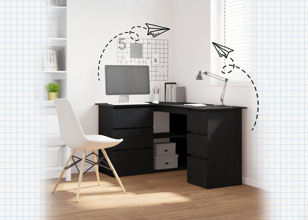 Black L-shaped desk with chair and computer monitor, in a styled study room.