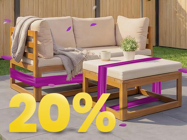 Outdoor banner featuring a wooden garden lounge set with beige cushions and a matching table under a large white parasol, accented with a purple band and a large yellow &lsquo;20%&rsquo; discount text in the corner. Click to see the products in the collection.