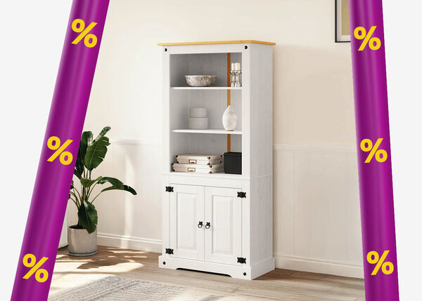 White wooden cabinet with various decorative items, in a styled room framed by purple promotional bands with yellow discount icons.