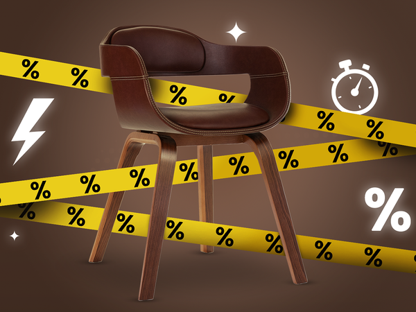 Curved brown faux leather dining chair with a wooden frame, surrounded by yellow tape marked with percentage signs, lightning bolts, and a stopwatch icon. Click to see the products in the offer.