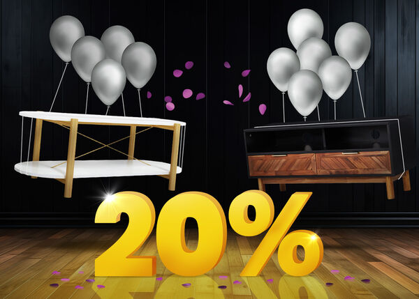 White round coffee table and wooden TV cabinet lifted by silver balloons and surrounded by purple confetti, with a large yellow 20% sign on a dark background.
