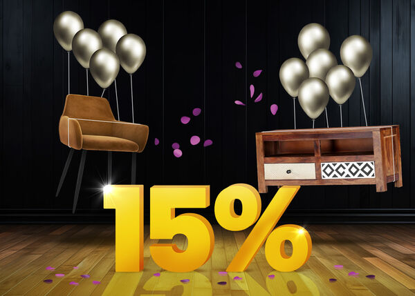 Brown upholstered chair and wooden TV cabinet with patterned drawers lifted by bronze balloons and surrounded by purple confetti, with a large yellow 15% sign on a dark background.