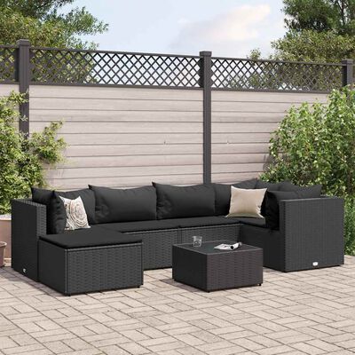 vidaXL 7 Piece Garden Lounge Set with Cushions Black Poly Rattan