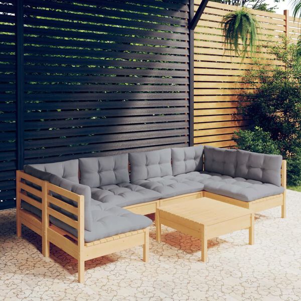vidaXL 7 Piece Garden Lounge Set with Grey Cushions Solid Pinewood