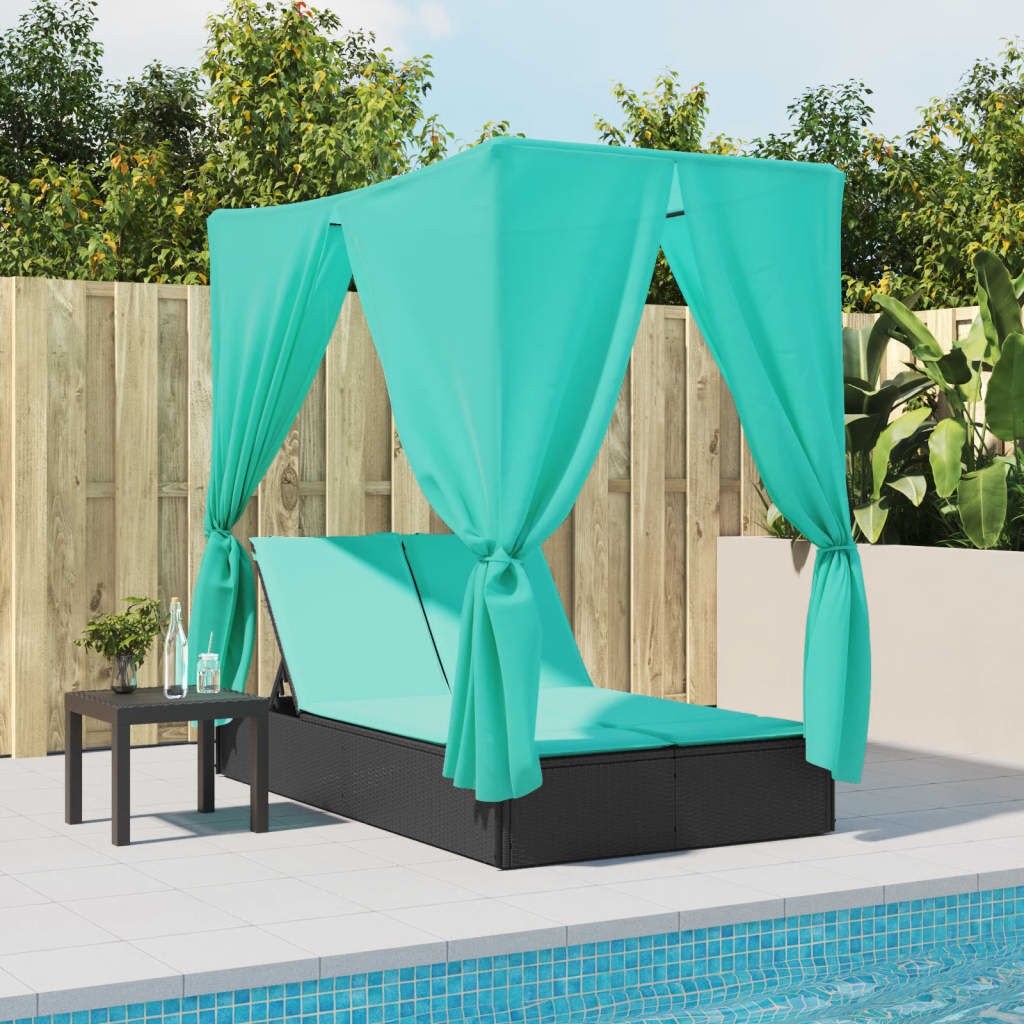 vidaXL Double Sun Lounger with Roof and Curtains Black Poly Rattan