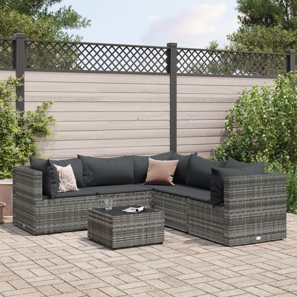 vidaXL 6 Piece Garden Lounge Set with Cushions Grey Poly Rattan