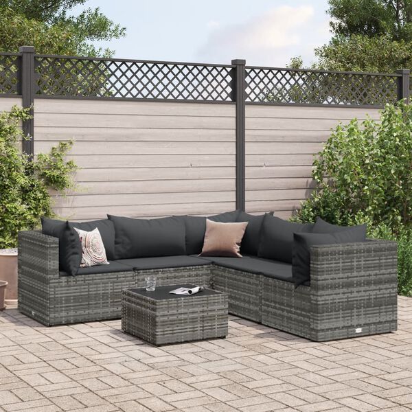 vidaXL 6 Piece Garden Lounge Set with Cushions Grey Poly Rattan