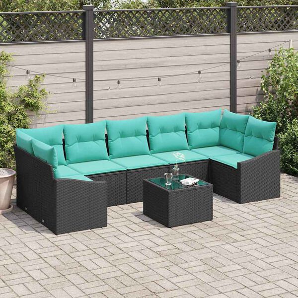 vidaXL Sofa Set with Cushion 8 pcs Black and Turquoise Poly Rattan